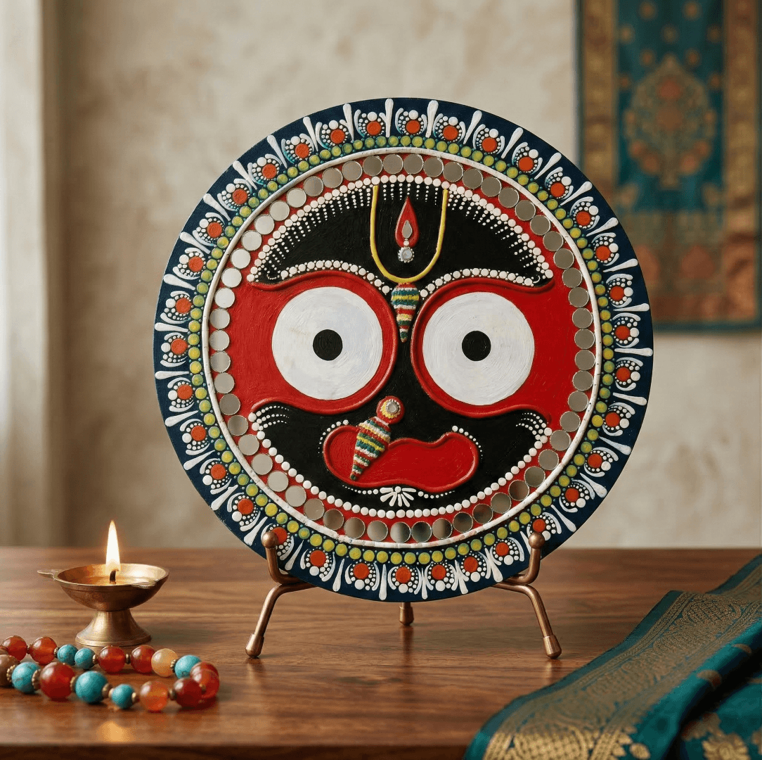 lord jagannath mandala lipan art on mdf board handmade jagannath round wall decor with mirror work traditional jagannath mandala art wall hanging