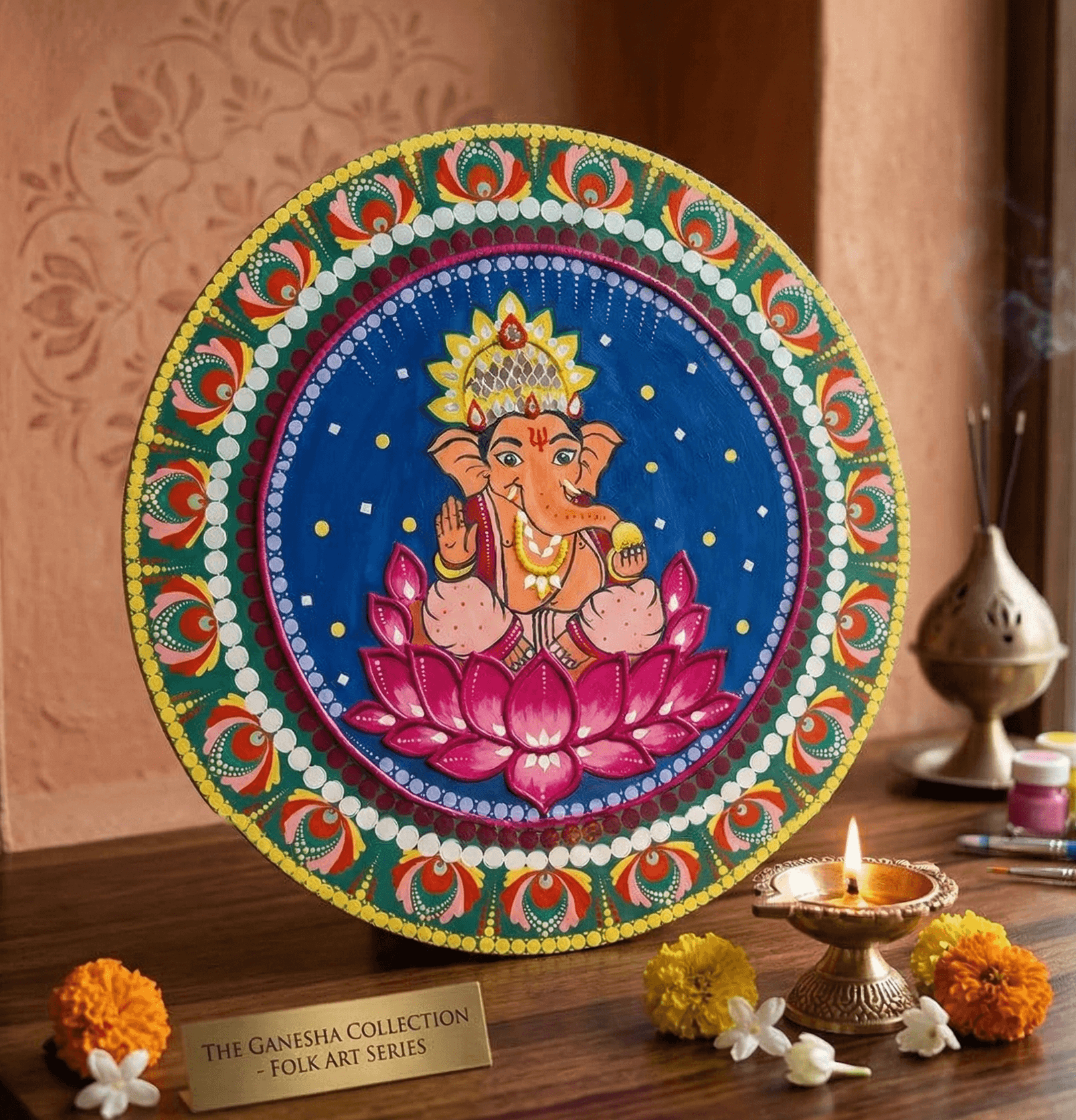 lord ganesha mandala lipan art on mdf board handmade ganesha wall decor mandala design traditional ganesha painting round wall art lipan art ganesha wall decor india ganesha lotus mandala handmade painting