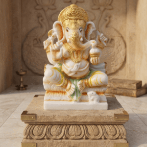 lord ganesha marble idol white with golden finish ganpati murti marble statue handmade india white marble ganesha idol for home temple marble ganesh statue with gold detailing ganesha idol premium marble decor