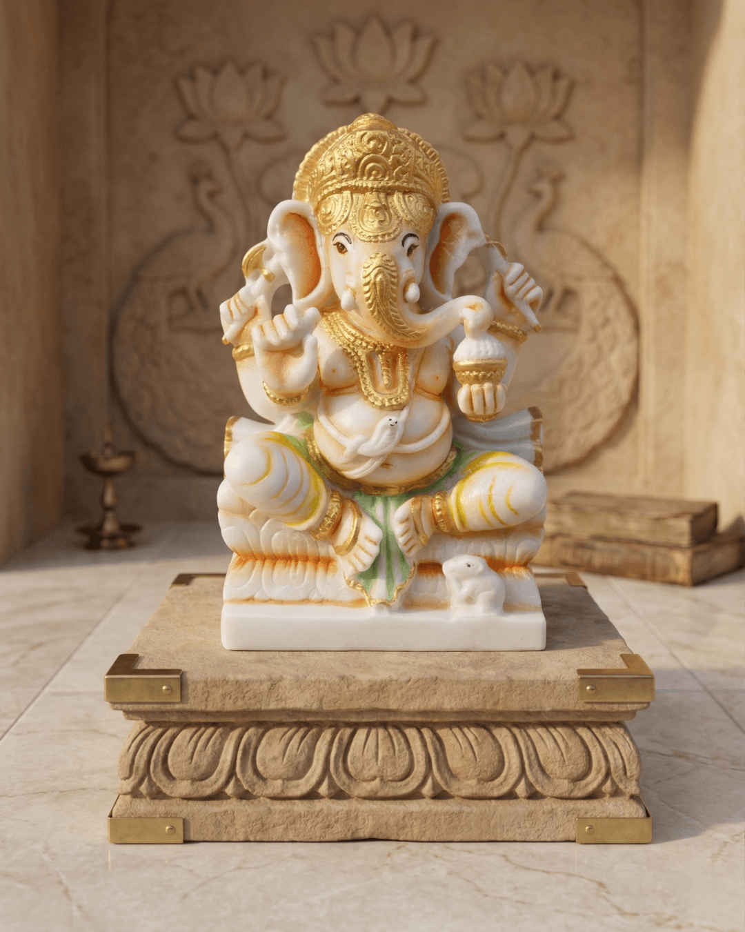 lord ganesha marble idol white with golden finish ganpati murti marble statue handmade india white marble ganesha idol for home temple marble ganesh statue with gold detailing ganesha idol premium marble decor