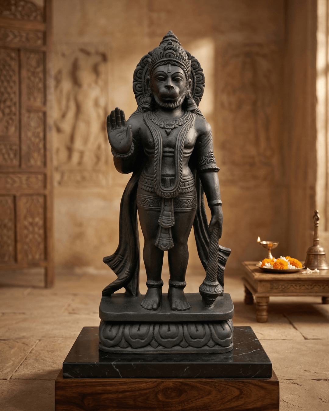 lord hanuman black stone standing idol handmade bajrangbali murti black stone sculpture india handcrafted hanuman statue for home temple black stone hanuman idol blessing pose hanuman ji statue spiritual decor india