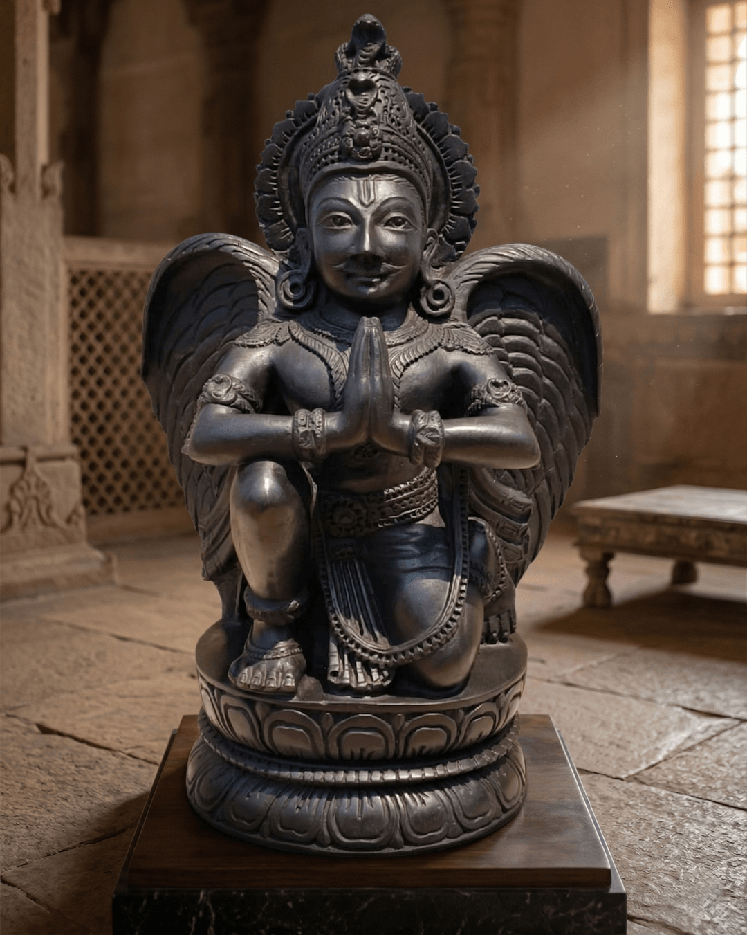 garuda black stone idol kneeling statue garuda vishnu vahana sculpture india handcrafted garuda murti black stone garuda statue for temple decor hindu garuda idol folded hands