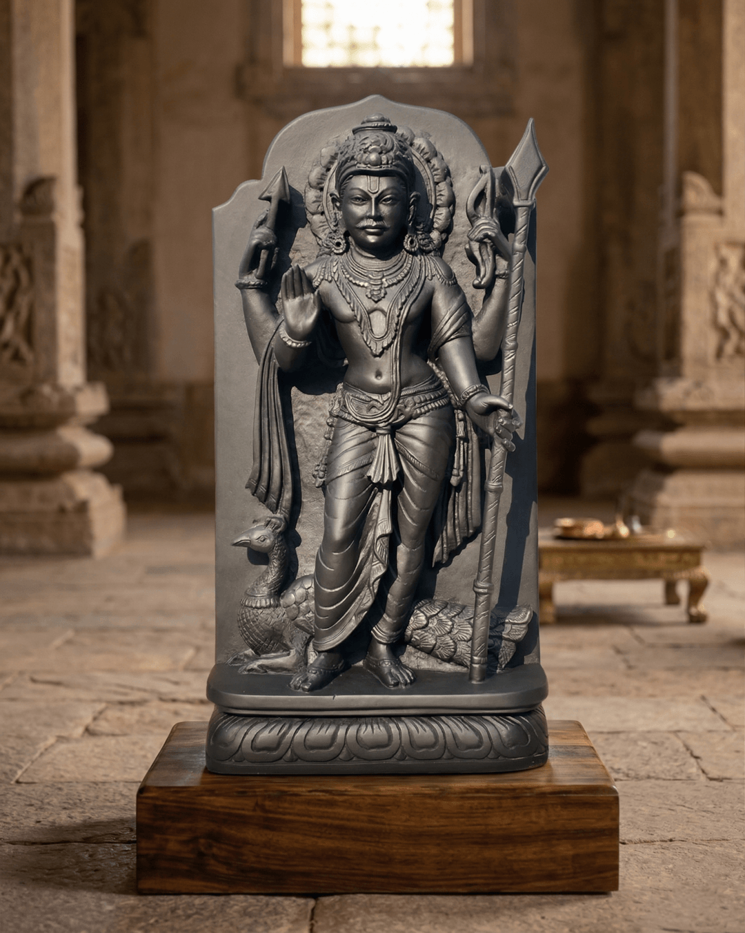 lord kartikeya black stone standing idol handmade murugan statue black stone sculpture india kartikeya murti with peacock black stone handcrafted kartikeya idol for home temple lord murugan statue spiritual decor india