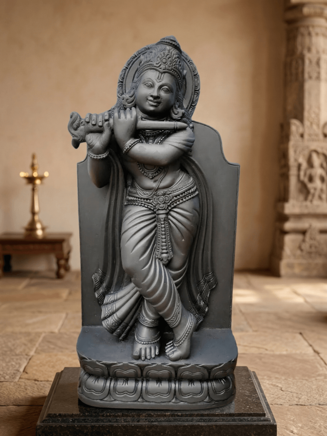 lord krishna black stone standing idol venugopal krishna statue stone murti handcrafted krishna idol flute playing black stone krishna murti for home temple decor traditional krishna statue india black stone