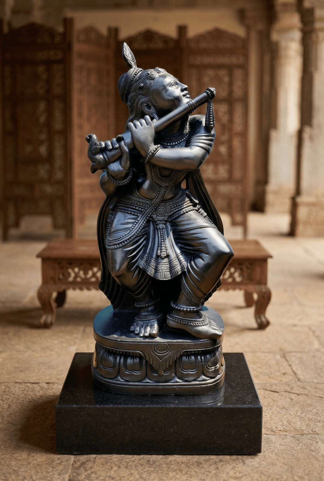 lord krishna black stone flute playing idol venugopal krishna murti stone sculpture india handcrafted krishna statue black stone krishna flute idol for home temple black stone krishna statue spiritual decor