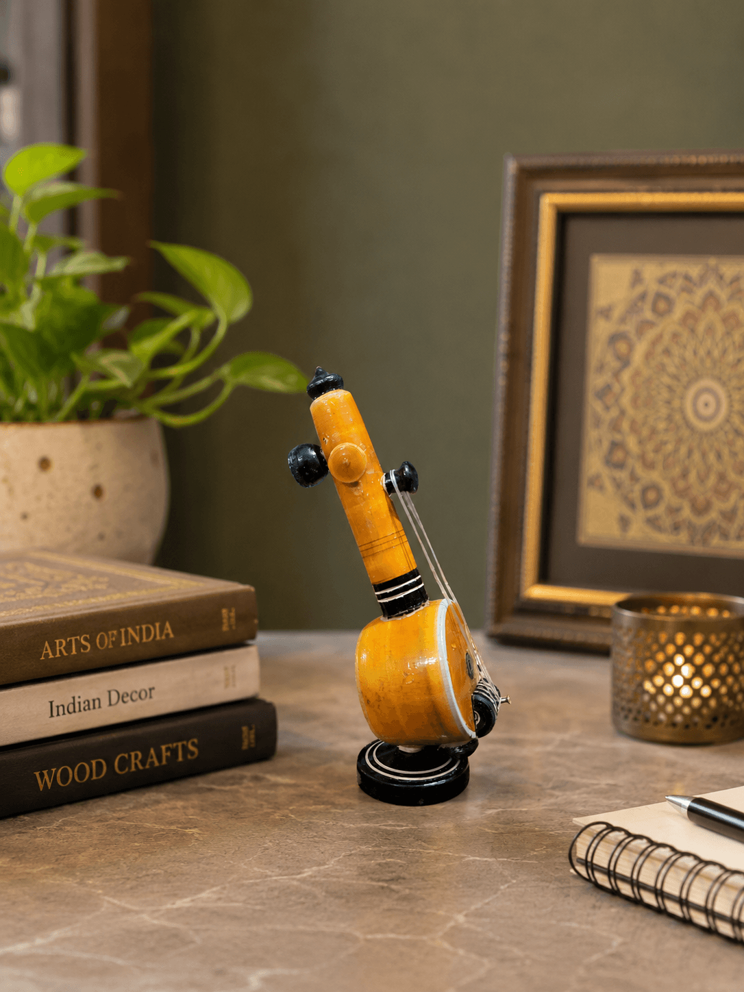 indian musical instrument decorative showpiece handcrafted veena statue for office desk wooden veena art decor for living room ethnic indian music instrument sculpture