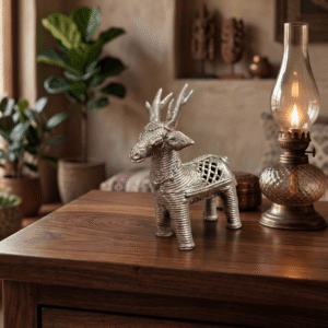 rustic brass deer tabletop decor artisan handcrafted brass animal sculpture vintage style brass deer showpiece decorative dhokra deer for office desk