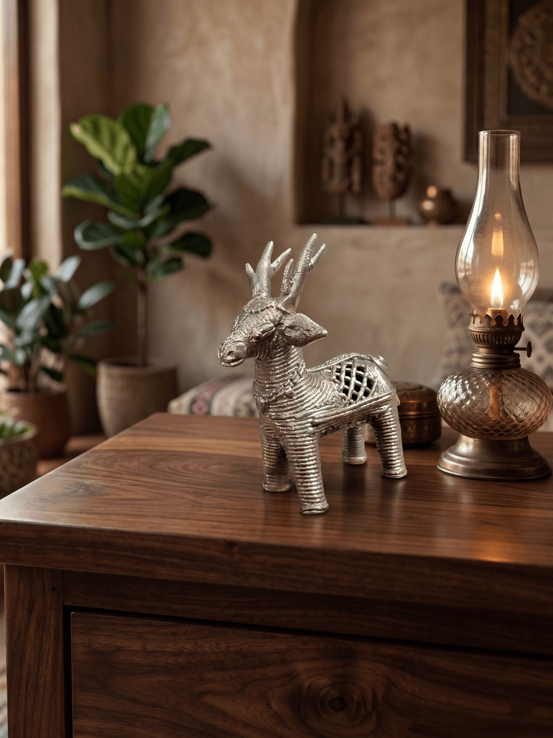 rustic brass deer tabletop decor artisan handcrafted brass animal sculpture vintage style brass deer showpiece decorative dhokra deer for office desk